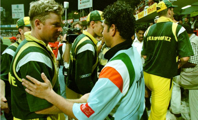 Sachin Tendulkar and Shane Warne shake hands after the tri-nation series final in Sharjah. Tendulkar scored 3077 runs, including a record nine hundreds, against Australia at an average of 44.59. AFP