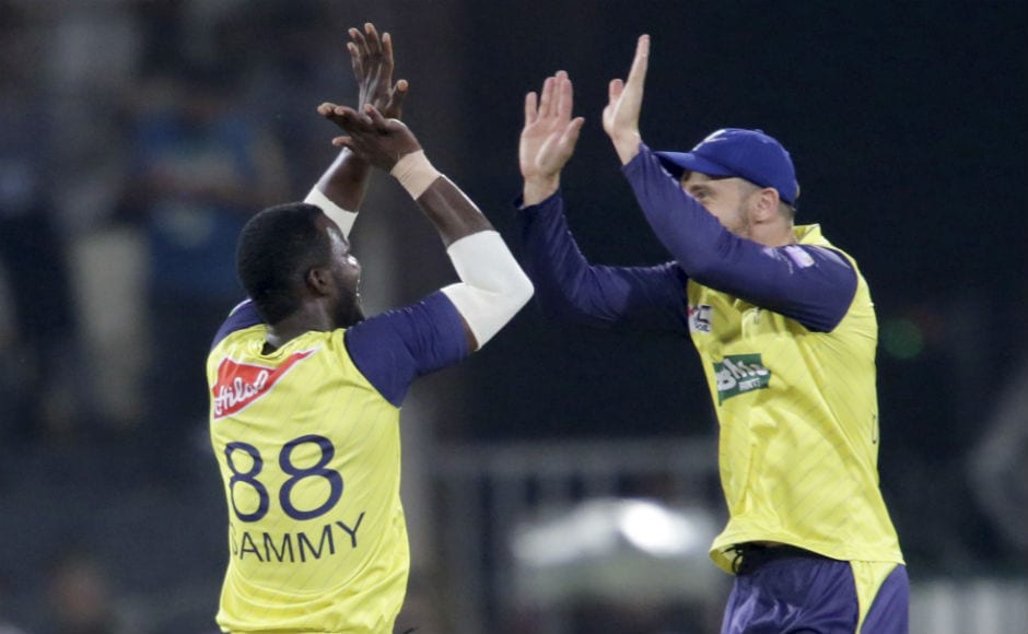 World XI's Darren Sammy celebrates with Faf du Plessis during the third T20I against Pakistan. AP World XI's Darren Sammy celebrates with Faf du Plessis during the third T20I against Pakistan. AP