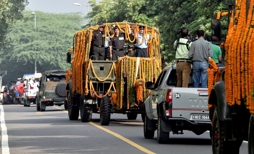 The mortal remains of Arjan Singh were taken in a gun carriage for the ceremony. A military band played the farewell tune as the nation bid goodbye to the Air force veteran. PTI The mortal remains of Arjan Singh were taken in a gun carriage for the ceremony. A military band played the farewell tune as the nation bid goodbye to the Air force veteran. PTI