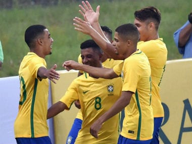 Brazilian Under-17 players celebrate during a practice match against New Zealand in Mumbai. PTI