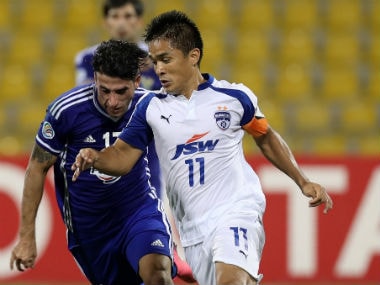 Bengaluru FC's Sunil Chhetri (R) in action against Iraq's Air Force Club during the AFC Cup final on 5 November, 2016. AFP