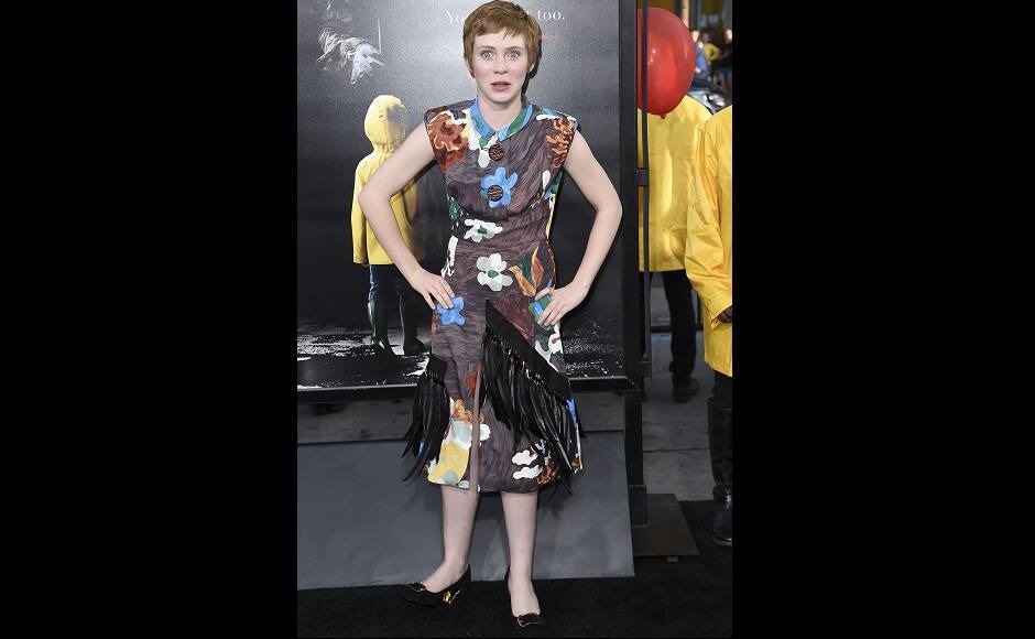 Sophia Lillis, who portrays Beverly Marsh in the film, attends the premiere in LA. Image from AP.