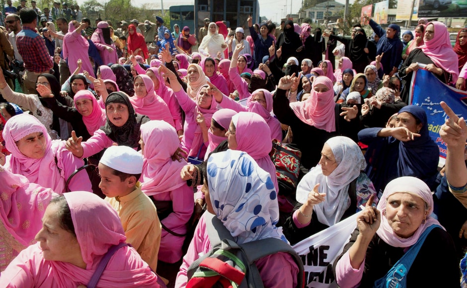 Anganwadi workers gather for a protest in Srinagar. PTI Anganwadi workers gather for a protest in Srinagar. PTI