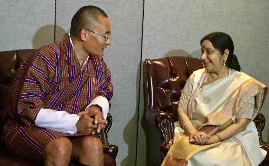 External Affairs Minister Sushma Swaraj on Monday held talks with Bhutanese prime minister Tshering Tobgay and her Tunisian counterpart Khemaies Jhinaoui, kicking off a series of bilateral meetings in New York. Twitter@tsheringtobgay External Affairs Minister Sushma Swaraj on Monday held talks with Bhutanese prime minister Tshering Tobgay and her Tunisian counterpart Khemaies Jhinaoui, kicking off a series of bilateral meetings in New York. Twitter@tsheringtobgay