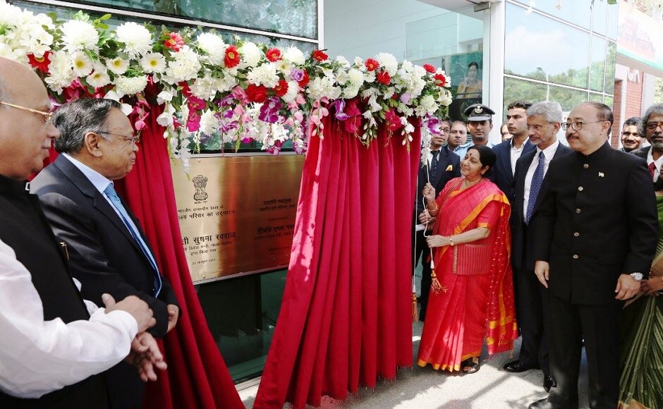 Swaraj opened the new chancery complex of the Indian High Commission in Dhaka on Monday on the last day of her Bangladesh visit. Swaraj lit a candle to mark the opening of the huge complex at Dhaka's Baridhara diplomatic enclave while the high commission was previously operating from a house in Gulshan area of the city. During the ceremony, she also inaugurated 15 development projects of Bangladesh being funded by India. Image courtesy: Twitter@ihcdhaka Swaraj opened the new chancery complex of the Indian High Commission in Dhaka on Monday on the last day of her Bangladesh visit. Swaraj lit a candle to mark the opening of the huge complex at Dhaka's Baridhara diplomatic enclave while the high commission was previously operating from a house in Gulshan area of the city. During the ceremony, she also inaugurated 15 development projects of Bangladesh being funded by India. Image courtesy: Twitter@ihcdhaka