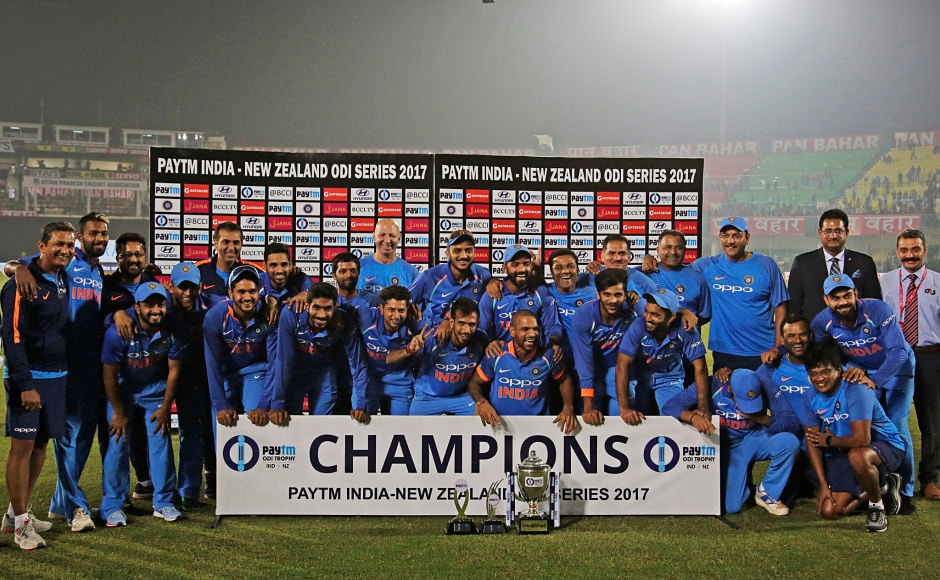 The Indian team completed their seventh bilateral series win after beating New Zealand 2-1, edging the Black Caps by just six runs in a nail-biting decider at Green Park stadium, Kanpur. AP The Indian team completed their seventh bilateral series win after beating New Zealand 2-1, edging the Black Caps by just six runs in a nail-biting decider at Green Park stadium, Kanpur. AP