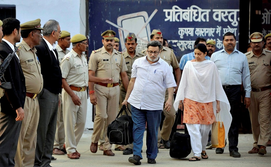 Dentist couple Nupur and Rajesh Talwar came out of the Dasna Jail in Ghaziabad on Monday after being released following their acquittal in the twin murder case of their daughter Aarushi and domestic help Hemraj. PTI Dentist couple Nupur and Rajesh Talwar came out of the Dasna Jail in Ghaziabad on Monday after being released following their acquittal in the twin murder case of their daughter Aarushi and domestic help Hemraj. PTI