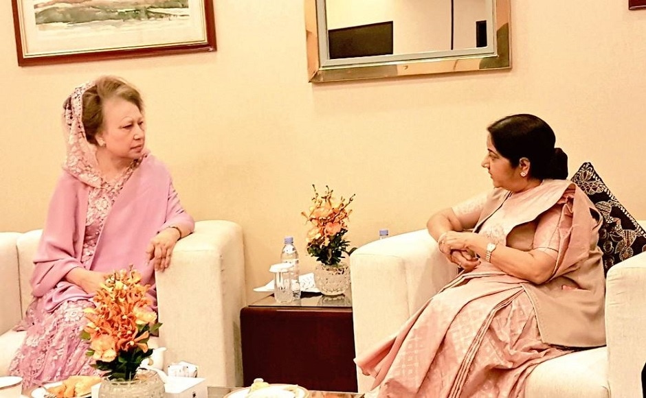 Swaraj also met former Bangladesh prime minister Khaleda Zia on Sunday and said that India wants to see the upcoming election in Bangladesh to be Swaraj also met former Bangladesh prime minister Khaleda Zia on Sunday and said that India wants to see the upcoming election in Bangladesh to be