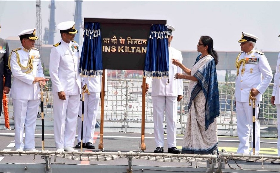 Defence Minister Nirmala Sitharaman on Monday commissioned the indigenously built anti-submarine warfare stealth corvette INS Kiltan at the Eastern Naval Command in Visakhapatnam. Image courtesy: Twitter/ @indiannavy Defence Minister Nirmala Sitharaman on Monday commissioned the indigenously built anti-submarine warfare stealth corvette INS Kiltan at the Eastern Naval Command in Visakhapatnam. Image courtesy: Twitter/ @indiannavy