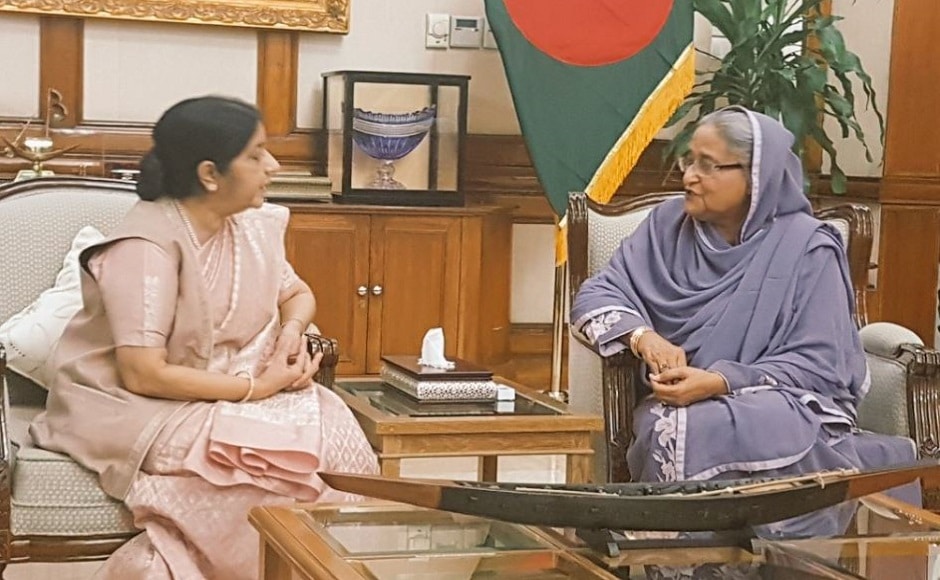 After the meeting, the Indian external affairs minister met Bangladesh's prime minister Sheikh Hasina and apprised her of the productive discussions at the joint consultative commission meeting and the tangible progress made since the prime minister's visit to India. Swaraj also discussed with Hasina the situation arising out of the influx of displaced persons from Rakhine State in Myanmar and the need for an early and lasting solution to the situation. Image courtesy: Twitter@ @MEAIndia. After the meeting, the Indian external affairs minister met Bangladesh's prime minister Sheikh Hasina and apprised her of the productive discussions at the joint consultative commission meeting and the tangible progress made since the prime minister's visit to India. Swaraj also discussed with Hasina the situation arising out of the influx of displaced persons from Rakhine State in Myanmar and the need for an early and lasting solution to the situation. Image courtesy: Twitter@ @MEAIndia.
