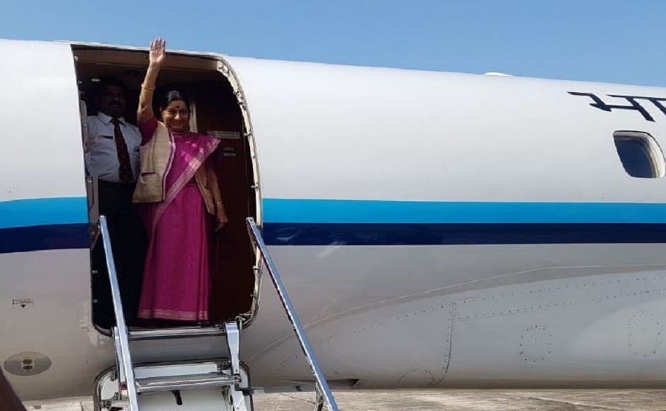 External Affairs Minister Sushma Swaraj arrived in Dhaka on Sunday on a two-day visit to attend a joint consultative committee meeting to review bilateral ties and discuss ways to further strengthen the relationship. Image courtesy: Twitter @ihcdhaka: External Affairs Minister Sushma Swaraj arrived in Dhaka on Sunday on a two-day visit to attend a joint consultative committee meeting to review bilateral ties and discuss ways to further strengthen the relationship. Image courtesy: Twitter @ihcdhaka: