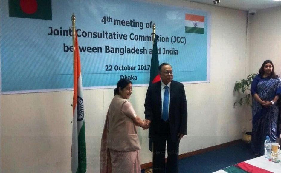 Swaraj on Sunday attended the meeting of fourth joint consultative commission between India and Bangladesh. In the meeting she said the common challenges of terrorism and extremism were discussed. Swaraj also said that restoration of pre-1965 links encompassing road, rail, water and coastal shipping links is being planned to increase connectivity between the two countries.Image courtesy: Twitter @ihcdhaka Swaraj on Sunday attended the meeting of fourth joint consultative commission between India and Bangladesh. In the meeting she said the common challenges of terrorism and extremism were discussed. Swaraj also said that restoration of pre-1965 links encompassing road, rail, water and coastal shipping links is being planned to increase connectivity between the two countries.Image courtesy: Twitter @ihcdhaka