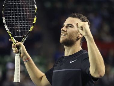 Adrian Mannarino of France celebrates after defeating Marin Cilic of Croatia during their men's singles semi-final match of the Japan Open tennis tournament in Tokyo, Saturday, Oct. 7, 2017. (AP Photo/Koji Sasahara)
