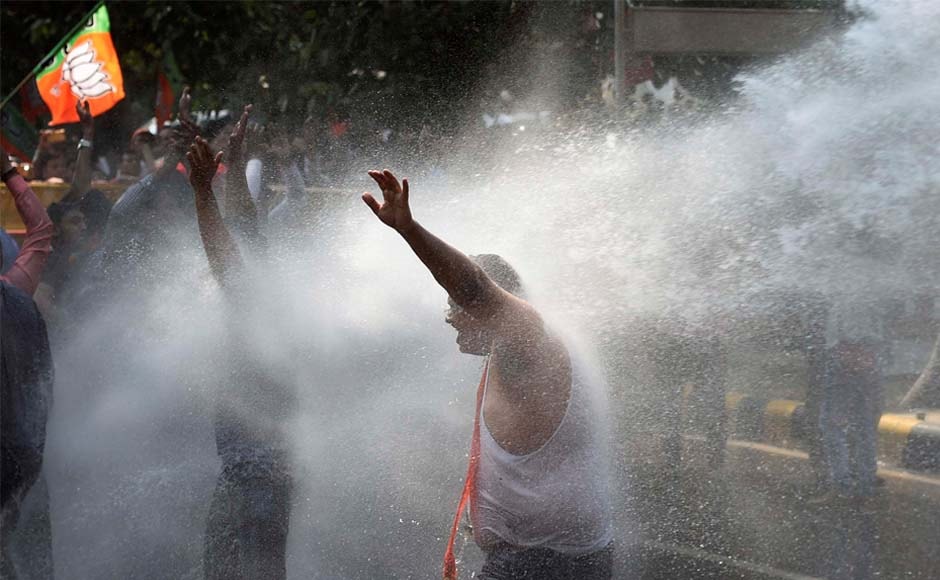 Delhi Police used water cannons to disperse crowds at the Bharatiya Janata Party (BJP) rally in New Delhi. PTI Delhi Police used water cannons to disperse crowds at the Bharatiya Janata Party (BJP) rally in New Delhi. PTI
