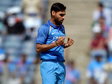 India’s Bhuvneshwar Kumar celebrates the dismissal of New Zealand’s Martin Guptill during the second ODI. AP