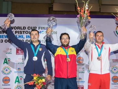 Silver medalist Daniele Resca of Italy, Gold medalist Alberto Fernandez of Spain and Bronze medalist Giovanni Cernogoraz of Croatia pose with their medals after the Trap Men Final. Image courtesy: ISSF official website