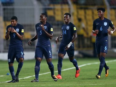 England's Rhian Brewster (L) celebrates scoring his first goal against USA in the he FIFA U-17 World Cup India 2017 Quarter Final. Getty