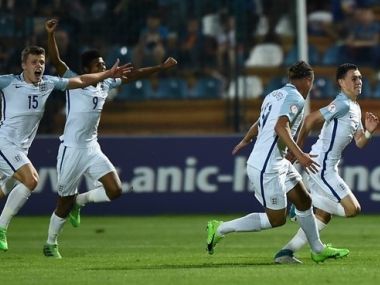 England U-17 players celebrate a win at the UEFA U-17 Championship.