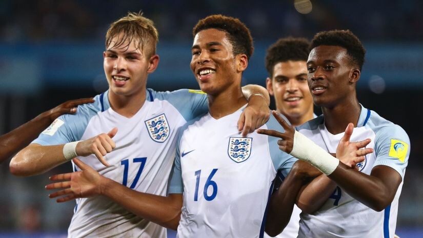 Daniel Loader (C) of England celebrates a scored goal with his teammates during the FIFA U-17 World Cup. Getty