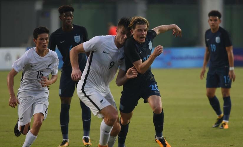 New Zealand's Max Mata (L) fights to win the ball from the defender. Credits: New Zealand Football