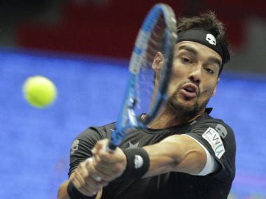 FILE - In this Sunday, Sept. 24, 2017 file photo, Fabio Fognini of Italy returns the ball to Damir Dzumhur of Bosnia and Herzegovina during the St. Petersburg Open ATP tennis tournament final match in St.Petersburg, Russia. There won't be any more tolerance for Fabio Fognini after the Italian vulgarly insulted the chair umpire at the U.S. Open. The Grand Slam board announced Wednesday, Oct. 11 that Fognini will be suspended from participating in two major tournaments _ one of which will be the U.S. Open - if he commits another major offense before the end of 2019. (AP Photo/Dmitri Lovetsky, file)