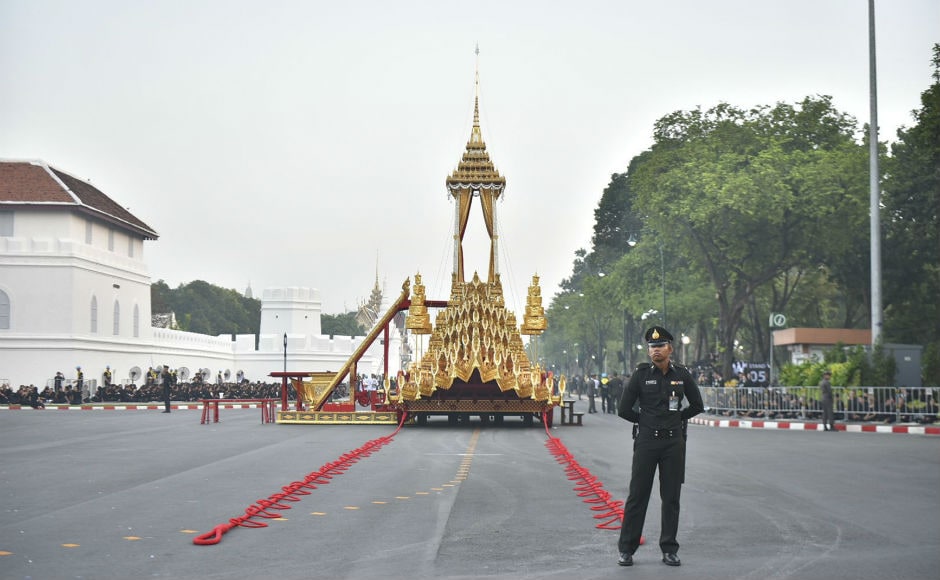 Thailand's late King Bhumibol Adulyadej will receive a lavish send-off this week during a spectacular five-day funeral centered around a cremation at a gilded pyre in Bangkok's historic heart on Thursday. AP Thailand's late King Bhumibol Adulyadej will receive a lavish send-off this week during a spectacular five-day funeral centered around a cremation at a gilded pyre in Bangkok's historic heart on Thursday. AP
