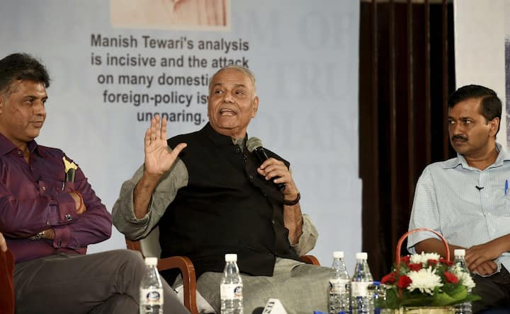Yashwant Sinha, Arvind Kejriwal share stage at Manish Tewari's book launch Yashwant Sinha, Arvind Kejriwal share stage at Manish Tewari's book launch