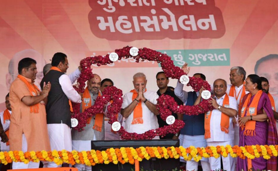 Prime Minister Narendra Modi and BJP chief Amit Shah presided over the conclusion of the BJP’s Gujarat Gaurav Yatra (march for honour) in Gandhinagar on Monday evening. Twitter @BJP4India Prime Minister Narendra Modi and BJP chief Amit Shah presided over the conclusion of the BJP’s Gujarat Gaurav Yatra (march for honour) in Gandhinagar on Monday evening. Twitter @BJP4India
