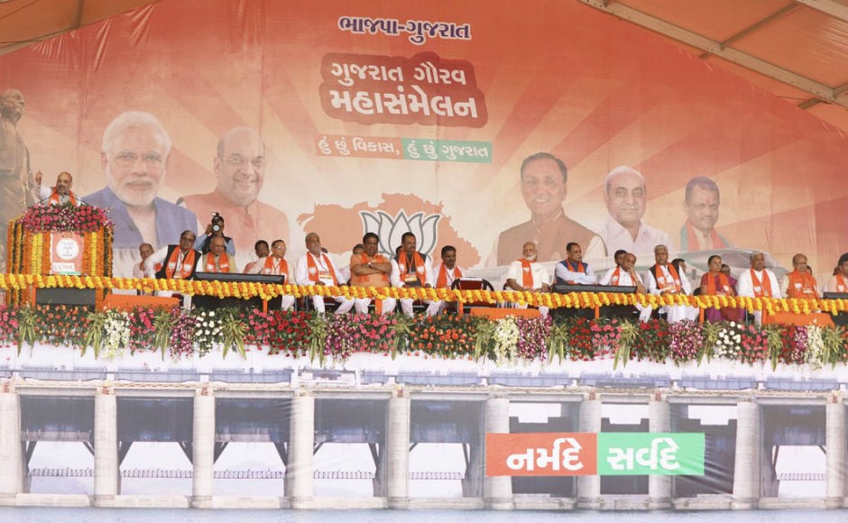 Along with Modi, Chief Minister Vijay Rupani, former chief minister Anandiben Patel, Amit Shah and several other BJP leaders were present in the ‘Gujarat Gaurav Mahasammelan’. Assembly elections are due in Gujarat later this year. Twitter @BJP4Gujarat Along with Modi, Chief Minister Vijay Rupani, former chief minister Anandiben Patel, Amit Shah and several other BJP leaders were present in the ‘Gujarat Gaurav Mahasammelan’. Assembly elections are due in Gujarat later this year. Twitter @BJP4Gujarat