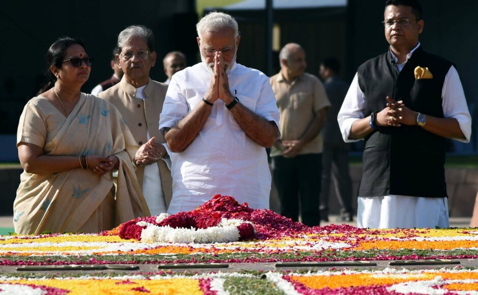 Prime Minister Narendra Modi on Monday reached Raj Ghat in New Delhi to pay tributes to Mahatma Gandhi on his birth anniversary. Twitter / @narendramodi Prime Minister Narendra Modi on Monday reached Raj Ghat in New Delhi to pay tributes to Mahatma Gandhi on his birth anniversary. Twitter / @narendramodi