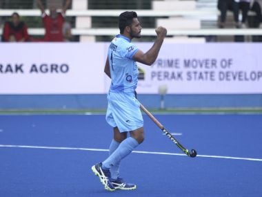 Harmanpreet Singh made the score line 5-1 in favour of India, scoring with a fine variation from their third penalty corner. Twitter @TheHockeyIndia