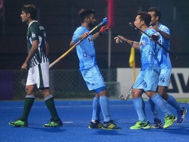 India players celebrate a goal against Pakistan. Image courtesy: Twitter/@Hockey India