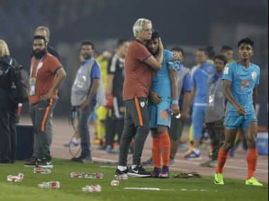 India’s coach Luis Norton de Matos hugs Rahim Ali after loosing their match against Colombia during the FIFA U-17 World Cup. AP