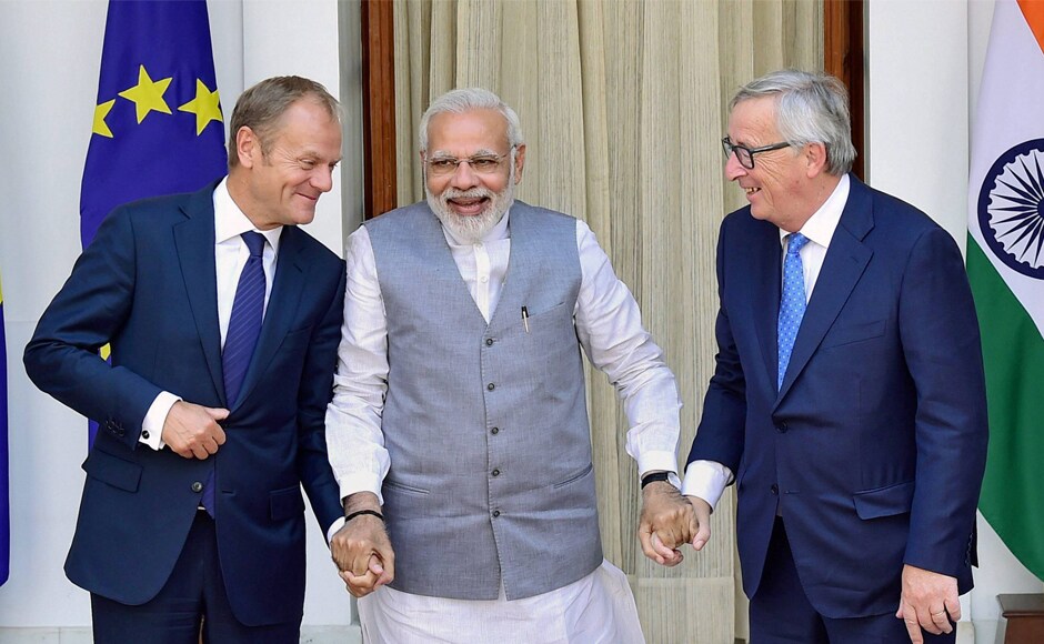 Prime Minister Narendra Modi with Donald Franciszek Tusk (left), President of the European Council and Jean-Claude Juncker (right), President of the European Commission during their joint statement at Hyderabad House during the India-EU Summit, in New Delhi on Friday. PTI Prime Minister Narendra Modi with Donald Franciszek Tusk (left), President of the European Council and Jean-Claude Juncker (right), President of the European Commission during their joint statement at Hyderabad House during the India-EU Summit, in New Delhi on Friday. PTI