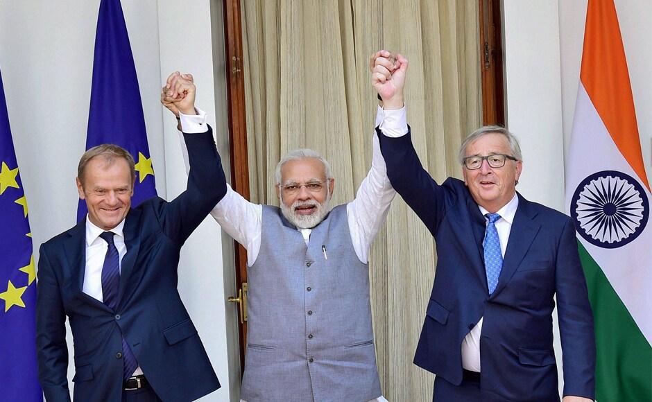 The two sides also inked three pacts, including one on an international solar alliance, after the summit. The 28-nation bloc is India's largest regional trading partner with bilateral trade in goods at $88 billion in 2016. PTI The two sides also inked three pacts, including one on an international solar alliance, after the summit. The 28-nation bloc is India's largest regional trading partner with bilateral trade in goods at $88 billion in 2016. PTI