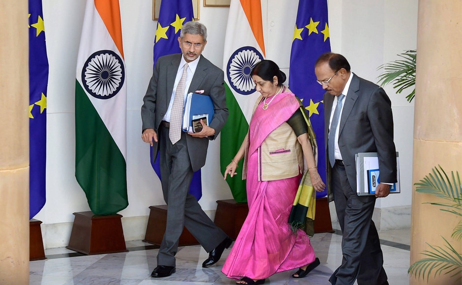 External affairs minister Sushma Swaraj, NSA Ajit Doval and Foreign Secretary S Jaishankar at the India-EU Summit at Hyderabad House in New Delhi on Friday. PTI External affairs minister Sushma Swaraj, NSA Ajit Doval and Foreign Secretary S Jaishankar at the India-EU Summit at Hyderabad House in New Delhi on Friday. PTI