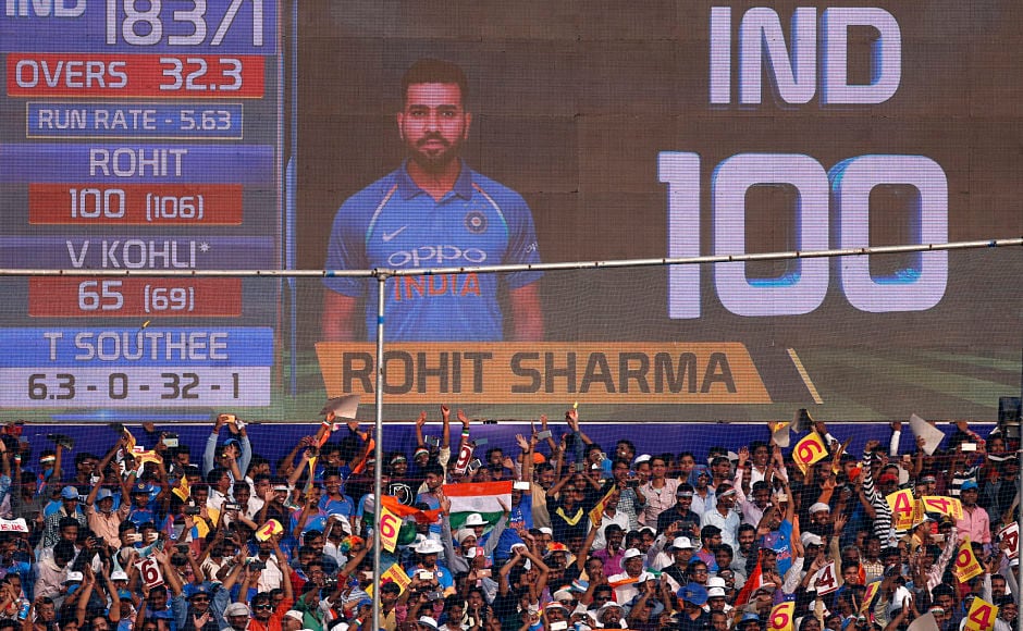 The big screen at the Kanpur stadium displayed Rohit's 15 ton while the spectators celebrated the feat. AP The big screen at the Kanpur stadium displayed Rohit's 15 ton while the spectators celebrated the feat. AP