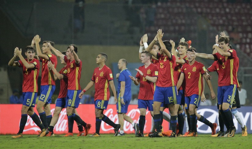 Spain players celebrate their victory over Mali during their FIFA U-17 World Cup semi-final. AP