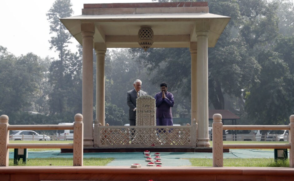 Earlier in the day, Tillerson paid tribute to Mahatma Gandhi at Gandhi Smriti in New Delhi. He also met India's National Security Advisor Ajit Doval in the morning. He will meet Prime Minister Narendra Modi later in the afternoon. AP Earlier in the day, Tillerson paid tribute to Mahatma Gandhi at Gandhi Smriti in New Delhi. He also met India's National Security Advisor Ajit Doval in the morning. He will meet Prime Minister Narendra Modi later in the afternoon. AP
