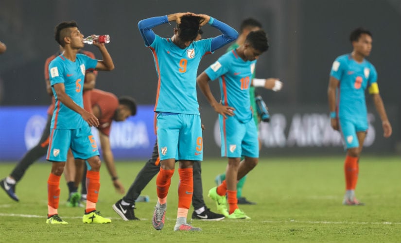 Indian players look dejected after missing out on chances against Colombia. Getty Images