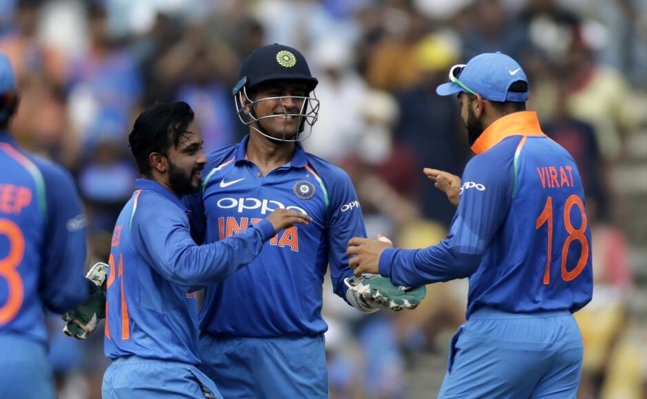 Kedar Jadhav (L) provided the second breakthrough as he trapped Smith lbw shortly thereafter with the Australian skipper out sweeping. AP Kedar Jadhav (L) provided the second breakthrough as he trapped Smith lbw shortly thereafter with the Australian skipper out sweeping. AP