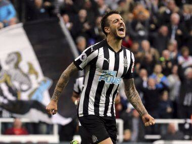 Newcastle United’s Joselu celebrates scoring the equaliser against Liverpool. AP