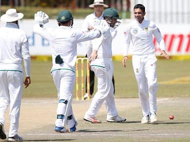 South African bowler Keshav Maharaj celebrates the dismissal of Bangladesh batsman Sabbir Rahman. AFP