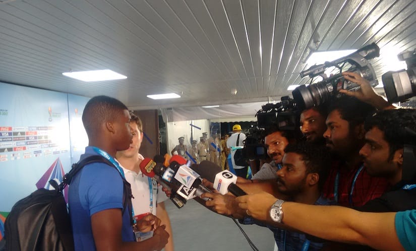 Brazil’s goal-scorer Lincoln (left) was mobbed by television journalists in the mixed zone after the match. Image: Amit Kamath
