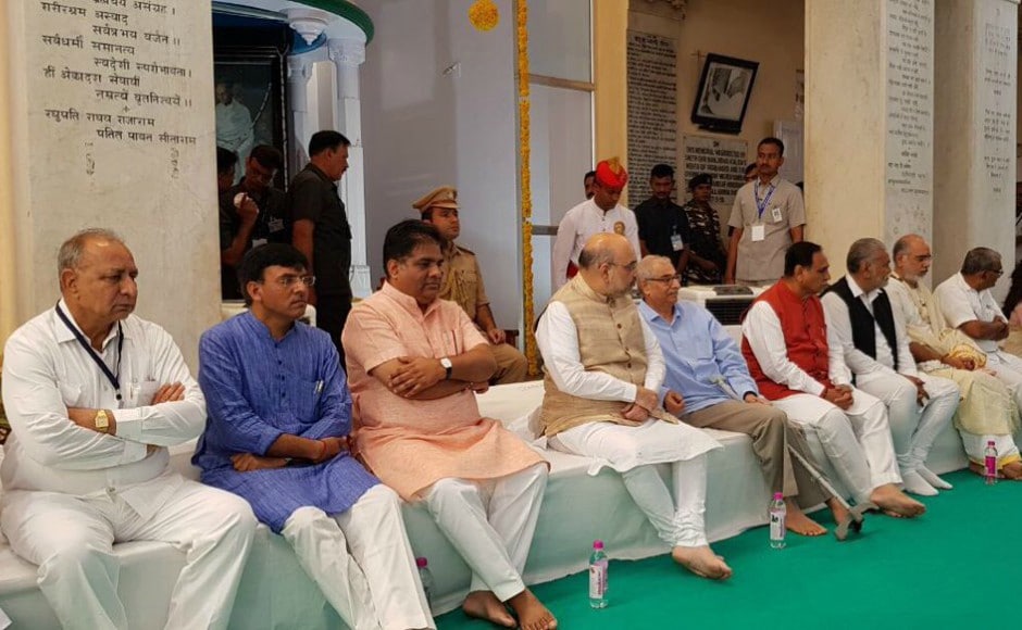BJP president Amit Shah paid tribute to Mahatma Gandhi at Porbandar in Gujarat along with other party dignitaries. Twitter / @mansukhmandviya BJP president Amit Shah paid tribute to Mahatma Gandhi at Porbandar in Gujarat along with other party dignitaries. Twitter / @mansukhmandviya