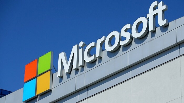 The Microsoft logo is shown on the Microsoft Theatre at the E3 2017 Electronic Entertainment Expo. Reuters