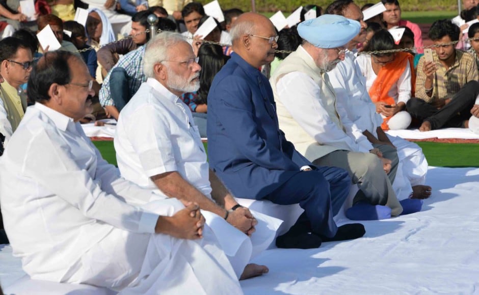 Prime Minister Narendra Modi, President Ram Nath Kovind and Vice-President Venkaiah Naidu at Raj Ghat in New Delhi. Twitter / @rashtrapatibhvn Prime Minister Narendra Modi, President Ram Nath Kovind and Vice-President Venkaiah Naidu at Raj Ghat in New Delhi. Twitter / @rashtrapatibhvn