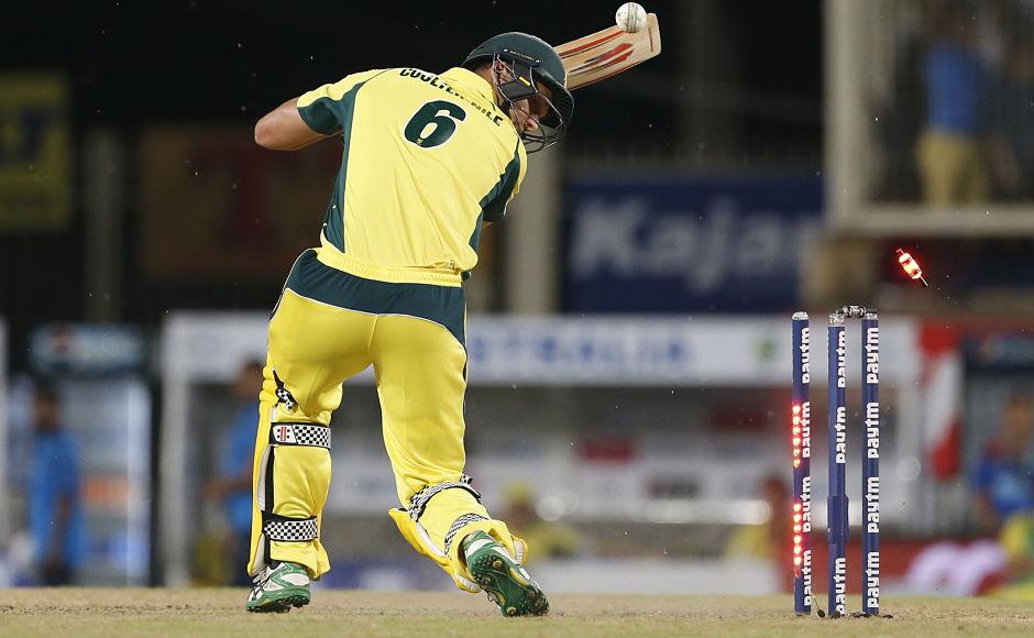 Nathan Coulter-Nile sees his furniture get rearranged by Jasprit Bumrah. Sunday was the first time that Australia lost six wickets in the form of 'bowled' in a T20I match. AP Nathan Coulter-Nile sees his furniture get rearranged by Jasprit Bumrah. Sunday was the first time that Australia lost six wickets in the form of 'bowled' in a T20I match. AP