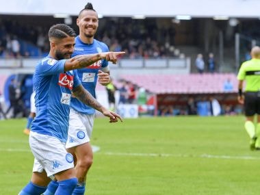 Napoli's Lorenzo Insigne celebrates after scoring during the Serie A match between Napoli and Sassuolo. AP