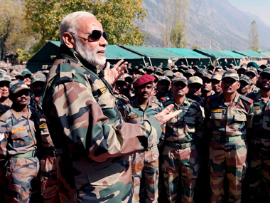 Narendra Modi celebrates Diwali with troops at Gurez sector in Jammu and Kashmir, says he considers them 'family' Narendra Modi celebrates Diwali with troops at Gurez sector in Jammu and Kashmir, says he considers them 'family'